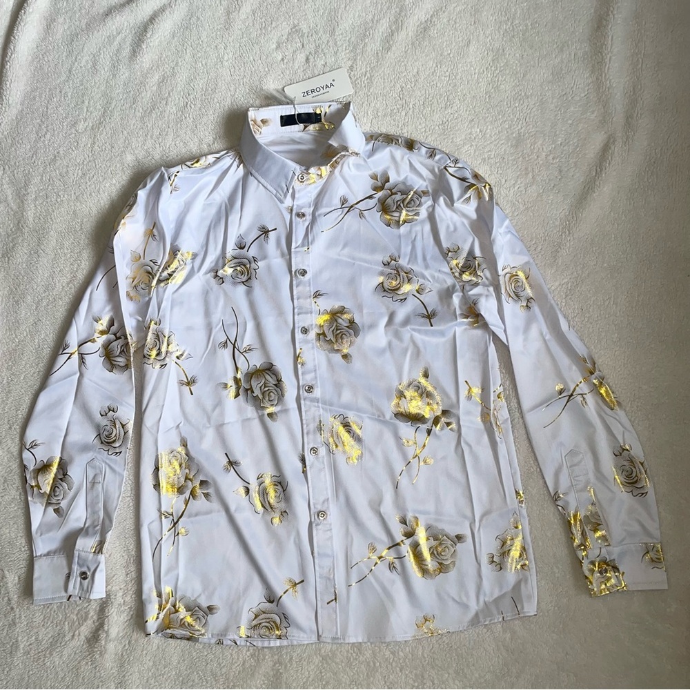 ZEROYAA Men's Floral Slim Fit Long Sleeve new white tags Size L - Picture 2 of 10